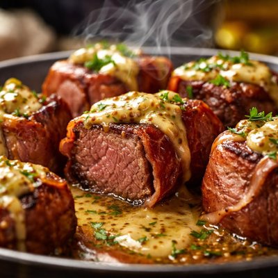 Image of Prosciutto Wrapped Beef Cubes with Mustard Pan Sauce