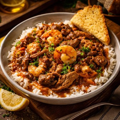 Image of Pulled Pork Shrimp and Mushroom Etouffee