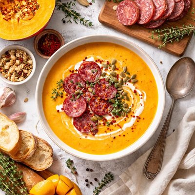 Image of Pumpkin and Salami Soup Krbissuppe Mit Salami