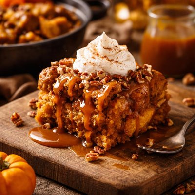 Image of Pumpkin Bread Pudding with Caramel Rum Sauce