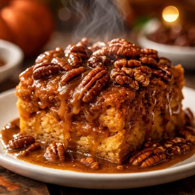 Image of Pumpkin Bread Pudding with Praline Pecan Sauce