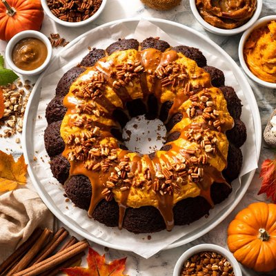 Image of Pumpkin Cheesecake Topped Chocolate Bundt Cake W Dulce De Leche