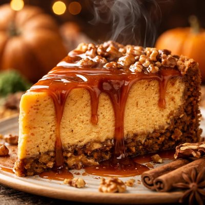 Image of Pumpkin Cheesecake with Walnut Ginger Crust and Caramel Sauce