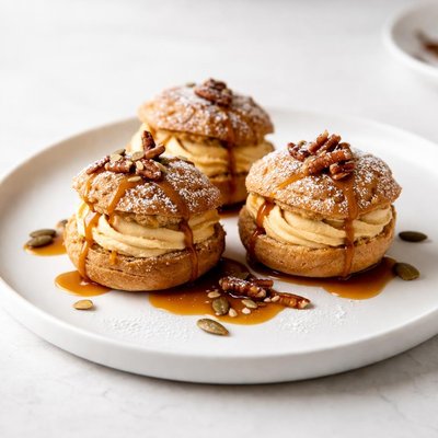 Image of Pumpkin Filled Cream Puffs with Maple Caramel Sauce