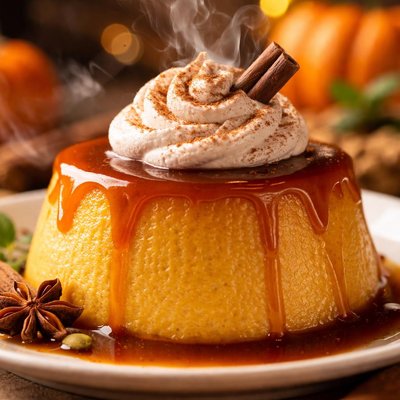 Image of Pumpkin Flan with Caramel and Cinnamon Whipped Cream