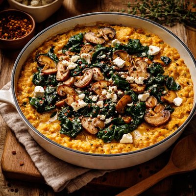 Image of Pumpkin Gratin Polenta with Spinach Mushrooms and Feta