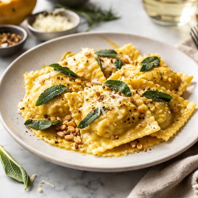 Image of Pumpkin Mascarpone Ravioli with Sage Butter Sauce