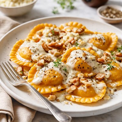 Image of Pumpkin Ravioli with Peppered Gorgonzola Sauce