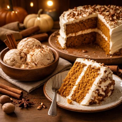 Image of Pumpkin Spice Cake and Cinnamon Nutmeg Ice Creme Ice Cream