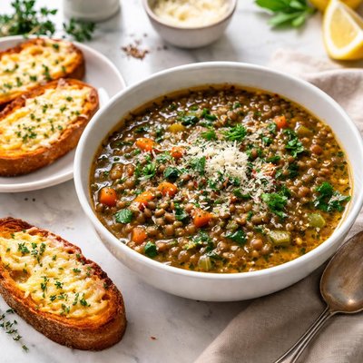 Image of Puy Lentil Soup with Parmesan Toasts