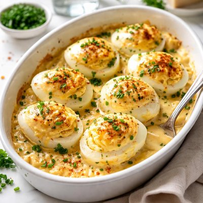 Image of Quick and Easy Baked Stuffed Eggs with Cheese Sauce