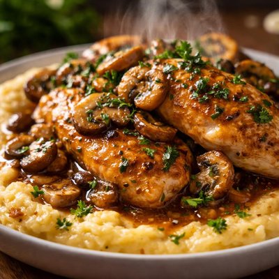Image of Quick and Easy Chicken Marsala with a Soft Creamy Polenta