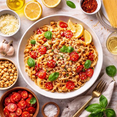 Image of Quick and Easy Garbanzo and Tomato Pasta