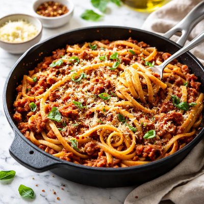 Image of Quick and Easy Skillet Linguini Bolognese