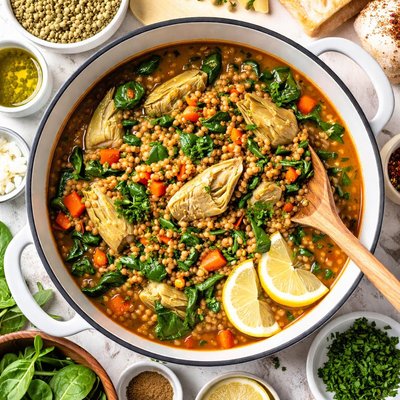Image of Quick and Healthy Lentil Stew with Artichokes
