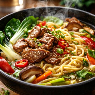 Image of Quick Asian Beef Vegetable Noodle Soup