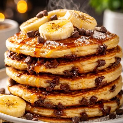 Image of Quick Banana Chocolate Chip Pancakes