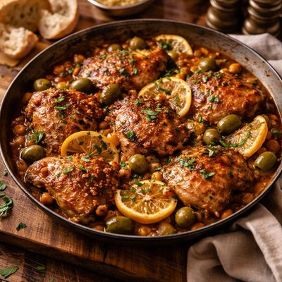 Image of Quick Braised Chicken with Moroccan Spices Lemon and Olives