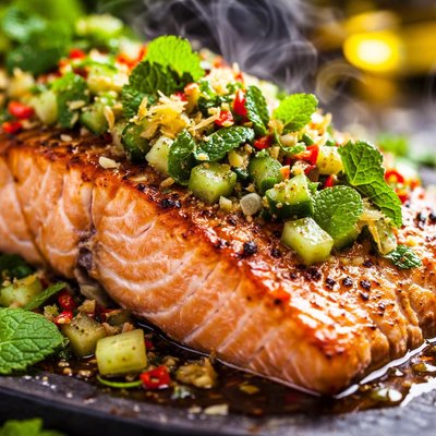 Image of Quick Broiled Salmon with Ginger Mint Salsa