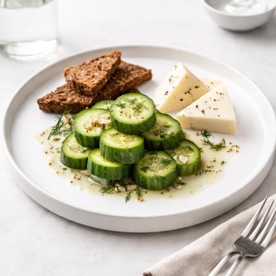 Image of Quick Cucumber Pickles with Rye Bread and Cheese