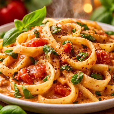 Image of Quick Easy Creamy Basil and Tomato Sauce Over Fresh Pasta