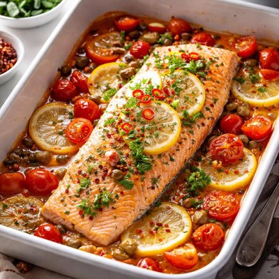 Image of Quick Easy Tomato Lemon Oven Poached Salmon or Trout