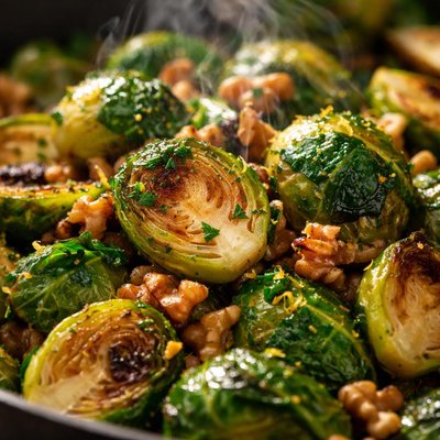 Image of Quick Sauteed Brussels Sprouts with Toasted Walnuts and Lemon