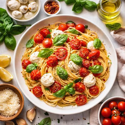 Image of Quick Tomato Basil Pasta with Fresh Mozzarella