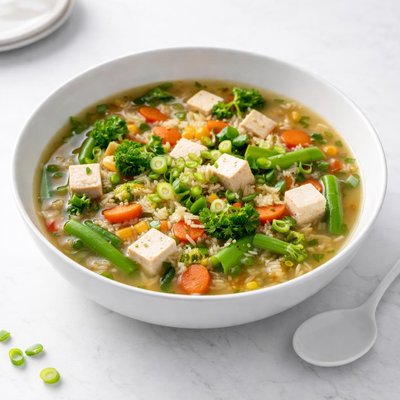 Image of Quick Vegetable Rice and Tofu Soup