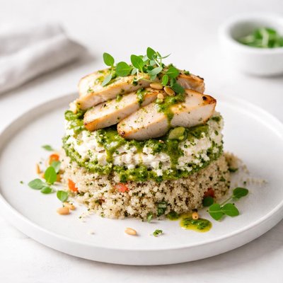 Image of Quinoa Pesto Feta and Chicken Stack