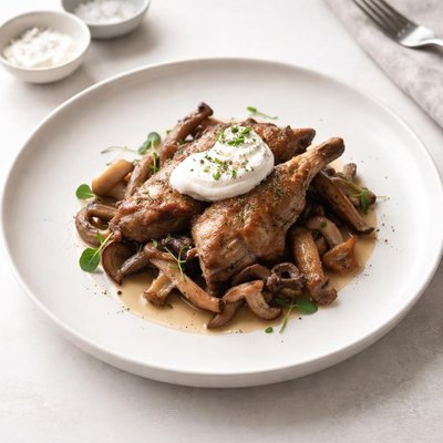 Image of Rabbit Baked in Clay with Wild Mushrooms and Sour Cream Pecheny