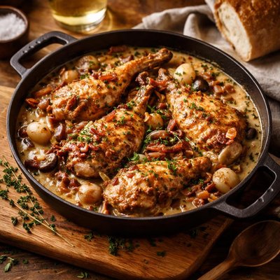 Image of Rabbit in a White Wine Bacon Onion and Mushroom Sauce