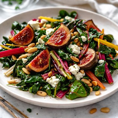 Image of Rainbow Chard with Figs Garlic Pine Nuts Feta