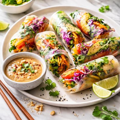 Image of Rainbow Summer Rolls with Peanut Sauce