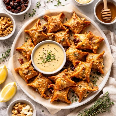 Image of Raisin Walnut Wontons W Cheese Honey Mustard Sauce