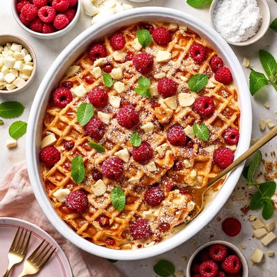 Image of Raspberry and White Chocolate Waffle Pudding