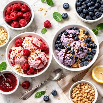Image of Raspberry Coconut and Blueberry Sundae