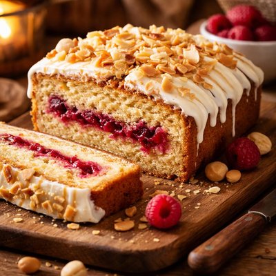 Image of Raspberry Filled Cake with White Chocolate and Macadamias