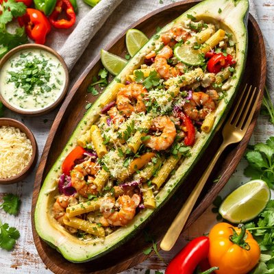 Image of Rasta Pasta in a Boat with a Cilantro Cream Sauce