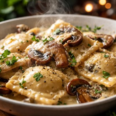 Image of Ravioli with a Wild Mushroom Creamy Alfredo Sauce