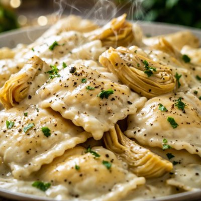 Image of Ravioli with Alfredo Sauce and Artichokes