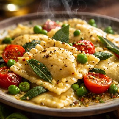 Image of Ravioli with Peas Tomatoes and Sage Butter Sauce