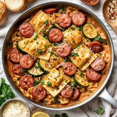 Image of Ravioli with Smoked Sausage Zucchini and Onions in Rosa Sauce