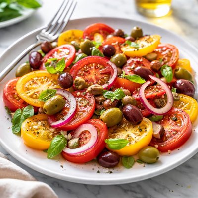 Image of Red and Yellow Tomato Salad with Basil Olives and Onions