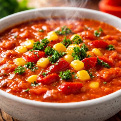 Image of Red Bell Pepper Soup with Corn and Parsley