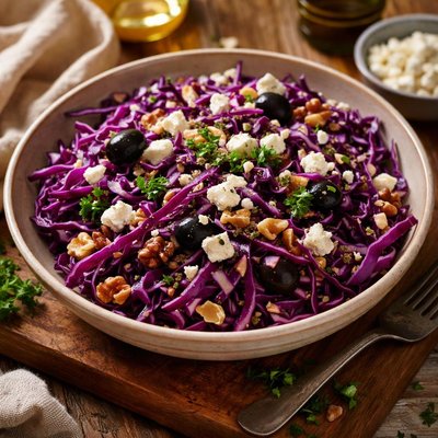 Image of Red Cabbage Salad with Feta Cheese and Olives