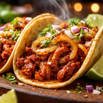 Image of Red Chile Pork Tacos with Caramelized Onions