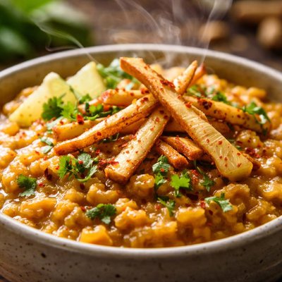 Image of Red Lentil Dhal with Crisp Parsnips