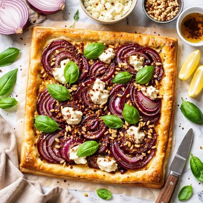 Image of Red Onion Goat Cheese and Basil Tart