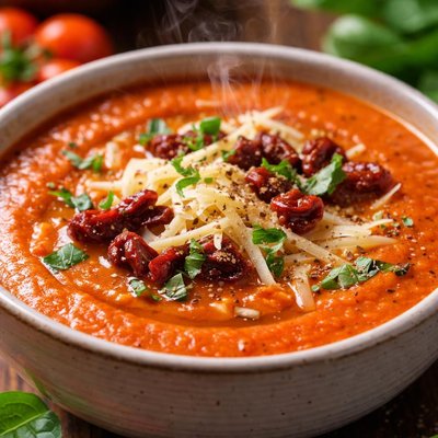 Image of Red Pepper Soup with Sun Dried Tomatoes and Swiss Cheese